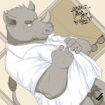  2020 anthro balls belly blush clothing dressing eyes_closed flaccid genitals hi_res humanoid_hands kemono male mammal overweight overweight_anthro overweight_male penis rhinocerotoid shirt solo tanutronik753_k topwear 