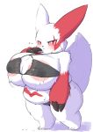  anthro areola belly big_breasts blush breasts claws fdokkaku female fur hi_res huge_breasts looking_at_viewer mammal nintendo pok&eacute;mon pok&eacute;mon_(species) pok&eacute;morph red_body red_eyes red_fur short_stack simple_background slightly_chubby solo video_games white_background white_body white_fur zangoose 