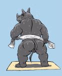  2020 anthro balls blue_background butt genitals hanakatsuo10 hi_res kemono male mammal overweight overweight_anthro overweight_male rhinocerotoid simple_background solo towel wet 