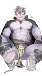  1boy abs absurdres animal_ears bara blush bulge chest feet from_below fur furry headband highres horkeu_kamui_(tokyo_houkago_summoners) jacket jacket_on_shoulders m_ikky male_focus muscle nipples pectorals pov revealing_clothes scar shirtless sitting solo thighs tokyo_houkago_summoners 