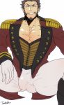  1boy artist_name bara blue_eyes brown_hair bulge chest cleavage_cutout facial_hair fate/grand_order fate_(series) goatee highres long_sleeves looking_at_viewer male_focus manly muscle napoleon_bonaparte_(fate/grand_order) pants pectorals scar sideburns smile smirk solo thick_thighs thighs welcome_to_the_travelling_circus! xxx13 