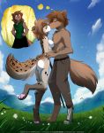  2020 4_toes 5_fingers alternate_version_at_source anthro arched_back arm_tuft barefoot breast_squish breasts brown_body brown_fur brown_hair butt cane canid canine canis casual_nudity cheek_tuft chest_tuft claws clothed clothing conditional_dnp day detailed_background digitigrade duo_focus elbow_tufts eyes_closed facial_tuft featureless_breasts felid female fingers fur grey_body grey_fur group hair hands_on_hips hi_res hug hybrid interspecies kathrin_vaughan keidran kissing male male/female mammal multicolored_body multicolored_fur natani nude on_one_leg one_leg_up outside pawpads pink_pawpads prosthetic prosthetic_leg prosthetic_limb raised_leg short_hair sibling side_view sky spots spotted_body spotted_fur squish standing telepathy text thought_bubble toe_claws toes tom_fischbach topless tuft twokinds webcomic white_body white_fur wolf zen_(twokinds) 