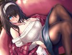  1girl bangs bare_shoulders black_hair blue_eyes blue_skirt blush book breasts brown_legwear cleavage collarbone couch hair_between_eyes hairband holding holding_book idolmaster idolmaster_cinderella_girls jewelry large_breasts long_hair long_skirt looking_at_viewer necklace off-shoulder_sweater off_shoulder open_mouth pantyhose pendant ribbed_sweater sagisawa_fumika shawl skirt sweater thighs toho_(kihon_ha_yappa) white_sweater 