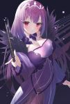  1girl bangs bare_shoulders blush breasts cleavage dress fate/grand_order fate_(series) feather_trim hair_between_eyes holding holding_wand large_breasts long_hair long_sleeves looking_at_viewer merryj purple_dress purple_hair red_eyes scathach_(fate)_(all) scathach_skadi_(fate/grand_order) tiara wand 