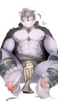  1boy 2others abs absurdres animal_ears bara blush bulge chest feet foot_licking from_below fur furry headband highres horkeu_kamui_(tokyo_houkago_summoners) jacket jacket_on_shoulders licking m_ikky male_focus multiple_others muscle nipples pectorals pov revealing_clothes scar shirtless sitting solo_focus thighs tokyo_houkago_summoners tongue twitching 