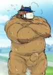  2020 anthro araiguma_11 balls belly blush bodily_fluids brown_body brown_fur clothing erection facemask fur genitals hat headgear headwear kemono male mammal overweight overweight_anthro overweight_male penis solo suid suina sus_(pig) sweat wild_boar 