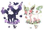  bird brown_sclera bug bush butterfly charamells chibi chibi_inset crescent crow english_commentary eye_contact feathers flower full_body fusion gastly gen_1_pokemon gen_2_pokemon gen_4_pokemon ghost grass highres insect leafeon leg_up legendary_pokemon looking_at_another magic mythical_pokemon no_humans pokemon pokemon_(creature) purple_eyes purple_flower purple_sclera red_flower shaymin simple_background sparkle standing umbreon white_background white_eyes 