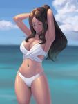  1girl armpits arms_behind_head arms_up bangs bare_shoulders bikini blue_eyes blue_sky blush breasts brown_hair cleavage closed_mouth fate/grand_order fate_(series) forehead highres large_breasts leonardo_da_vinci_(fate/grand_order) long_hair looking_at_viewer navel ocean one_eye_closed parted_bangs ponytail ranma_(kamenrideroz) sky smile swimsuit thighs white_bikini 