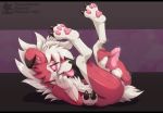  anthro anus balls black_claws black_nose blush bodily_fluids butt canid canine claws cum digital_media_(artwork) erection fangs finger_claws fur genital_fluids genitals grey_background hand_on_penis hi_res looking_at_viewer luxuria lycanroc lying male mammal midnight_lycanroc nintendo on_back open_mouth pawpads penis pink_pawpads pok&eacute;mon pok&eacute;mon_(species) presenting presenting_hindquarters presenting_penis purple_background red_body red_eyes red_fur ringed_eyes simple_background solo toe_claws tongue tongue_out video_games white_body white_fur 