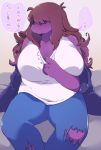  2019 anthro bed big_breasts blush bottomwear breasts brown_hair cleavage clothed clothing deltarune female furniture hair hi_res jacket japanese_text jeans pants purple_body scalie shirt simple_background sitting solo susie_(deltarune) text topwear underchikichan video_games white_clothing white_shirt white_topwear 