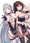 2girls azur_lane bangs bare_shoulders black_gloves black_legwear blue_eyes blush breasts brown_eyes brown_hair center_opening cleavage collarbone commentary_request covered_nipples criss-cross_halter cuboon eyebrows_visible_through_hair garter_straps gloves halterneck large_breasts long_hair looking_at_viewer mole mole_under_eye multiple_girls navel one_eye_closed one_side_up open_mouth race_queen revealing_clothes shoukaku_(azur_lane) shoukaku_(sororal_wings)_(azur_lane) silver_hair standing thighhighs twitter_username very_long_hair white_legwear wrist_cuffs zuikaku_(azur_lane) zuikaku_(the_wind&#039;s_true_name)_(azur_lane) 