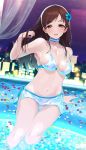  1girl bikini bikini_skirt brown_eyes brown_hair choker city_lights floral_print flower hair_flower hair_ornament highres holding holding_hair idolmaster idolmaster_cinderella_girls idolmaster_cinderella_girls_starlight_stage long_hair looking_at_viewer midriff mizuki_makoto navel nitta_minami petals pool swimsuit white_bikini 