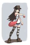  1girl ankle_boots bag blue_shorts boots border brown_footwear brown_hair closed_mouth commentary denim denim_shorts english_commentary full_body fur-trimmed_shorts fur_trim green_eyes grey_background holding holding_poke_ball long_hair looking_at_viewer original poke_ball poke_ball_(basic) pokemon pokemon_(game) pokemon_sm shirt shorts shoulder_bag simple_background smile solo striped striped_legwear thighhighs vins-mousseux visor_cap white_border white_shirt 