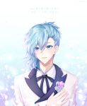  1boy asymmetrical_bangs bangs black_ribbon blue_background blue_eyes blue_hair collared_shirt commentary_request eyebrows_visible_through_hair formal gem hair_between_eyes hand_on_own_chest hasu_(selisa) highres looking_at_viewer male_focus mikaze_ai neck_ribbon parted_lips petals ribbon shirt short_hair smile solo suit teeth translation_request upper_body uta_no_prince-sama white_background white_shirt white_suit 