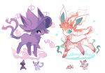  blue_sclera bubble charamells chibi chibi_inset english_commentary espeon fish forehead_jewel full_body fusion gen_1_pokemon gen_2_pokemon gen_4_pokemon gen_6_pokemon ghost goldeen highres leg_up looking_at_viewer magic mismagius no_humans pokemon pokemon_(creature) purple_sclera simple_background standing sylveon white_background white_eyes 