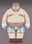  2020 anthro belly blush bulge clothing eyes_closed fur hat headgear headwear kemono male mammal moobs nipples omo_kemo overweight overweight_anthro overweight_male shirt simple_background solo tongue tongue_out topwear underwear ursid white_body white_fur 