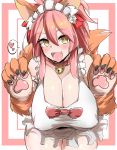  1girl absurdres animal_ear_fluff animal_ears apron bangs bare_shoulders bell bell_collar blush border bow breasts cat_hair_ornament cleavage collar covered_nipples fangs fate/extra fate/grand_order fate_(series) fox_ears fox_girl fox_tail gloves hair_between_eyes hair_bow hair_ornament hanging_breasts heart highres jingle_bell large_breasts leaning_forward long_hair looking_at_viewer megao_3rd naked_apron open_mouth paw_gloves paws pink_border pink_hair ponytail red_bow sidelocks smile spoken_heart tail tamamo_(fate)_(all) tamamo_cat_(fate) thighs white_background yellow_eyes 