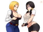  2girls android_18 bike_shorts black_gloves black_hair blonde_hair blue_eyes blush breasts cameltoe cleavage collarbone covered_nipples denim dragon_ball dragon_ball_z fingerless_gloves gloves hair_tubes highres jeans jmg large_breasts looking_at_viewer low_twintails medium_breasts medium_hair multiple_girls navel no_bra nose_blush pants seat shirt short_hair striped_sleeves t-shirt taut_clothes taut_shirt tsurime twintails videl white_background 