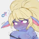  big_breasts blonde_hair blush breasts cleavage clothed clothing fangs female hair hi_res huarbodraw league_of_legends not_furry poppy_(lol) riot_games simple_background solo video_games white_background yordle 