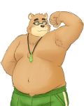  2020 anthro blush bottomwear brown_body brown_fur clothing eyewear fur glasses hi_res humanoid_hands kemono male mammal overweight overweight_anthro overweight_male pants simple_background solo tokyo_afterschool_summoners ursid video_games volos white_background yaki_atsuage 