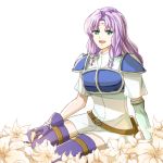  1girl :d breastplate circlet delsaber dress fingerless_gloves fire_emblem fire_emblem:_the_blazing_blade florina_(fire_emblem) flower gloves green_eyes hair_tubes long_hair lowres open_mouth purple_gloves purple_hair purple_legwear shiny shiny_hair short_dress short_sleeves shoulder_armor simple_background sitting smile solo spaulders thighhighs white_background white_dress white_flower zettai_ryouiki 