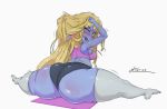  big_butt blonde_hair blush bodily_fluids breasts butt clothed clothing female flexible hair hi_res huarbodraw huge_butt league_of_legends legwear not_furry poppy_(lol) riot_games simple_background solo splits spread_legs spreading sweat thigh_highs video_games white_background yordle 