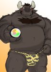  2020 anthro araiguma_11 belly blush bovid bovine brown_body brown_fur bulge cattle clothing food fur genitals kemono male mammal moobs overweight overweight_anthro overweight_male penis scar solo underwear 