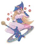  absurdres armpits blonde_hair blue_dress blue_eyes boots breasts dark_magician_girl dress hat highres mr_mlemkins nude open_mouth pussy spell thighs tongue tongue_out weapon white_background witch witch_hat yuu-gi-ou 