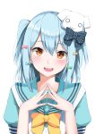 1boy :d absurdres aqua_serafuku blue_hair bow bowtie brown_eyes cardigan cardigan_vest crossdressing dog_hair_ornament double_horizontal_stripe eyebrows_visible_through_hair fang fingers_together hair_bow hands_together highres inuyama_tamaki looking_at_viewer marie_(pixiv31942978) noripro open_hands open_mouth otoko_no_ko portrait raised_eyebrows sailor_collar school_uniform serafuku short_hair simple_background smile solo two_side_up vest virtual_youtuber white_background white_cardigan white_vest yellow_neckwear 