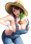  1girl bangs bare_shoulders between_breasts blue_eyes blush breast_squeeze breasts brown_hair carrot gloves hat highres large_breasts looking_at_viewer naked_overalls nipples open_mouth original overalls rokko short_hair simple_background smile solo straw_hat white_background white_gloves 