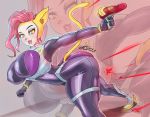  anthro big_breasts breasts clothed clothing domestic_cat felid feline felis female hair hi_res holding_object holding_weapon huarbodraw mammal monique_pussycat pink_hair raised_tail skin_suit solo weapon 