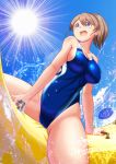  1girl artist_logo banana_boat blue_eyes blue_sky blue_swimsuit breasts brown_hair cameltoe competition_swimsuit cowboy_shot dated intrepid_(kantai_collection) kantai_collection large_breasts mokerou one-piece_swimsuit open_mouth ponytail riding short_hair sky solo splashing sun swimsuit water 
