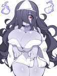  2020 3:4 big_breasts black_hair breasts cleavage cleavage_overflow clothed clothing female fukurou0807 ghost hair hair_over_eye headgear headwear hi_res humanoid long_hair not_furry one_eye_obstructed portrait purple_body purple_skin purple_theme red_eyes simple_background solo spirit three-quarter_portrait towel white_background 
