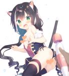  1girl animal_ear_fluff animal_ears ass bangs bare_shoulders black_hair black_legwear black_panties blurry blurry_foreground blush bow breasts cat_ears cat_girl cat_tail censored commentary_request depth_of_field eyebrows_visible_through_hair fang green_eyes hair_between_eyes hair_bow heart heart_censor hitachi_magic_wand holding karyl_(princess_connect!) long_hair low_twintails multicolored_hair no_pants off_shoulder open_mouth out_of_frame panties princess_connect! princess_connect!_re:dive pussy_juice red_bow ringlets shirt side-tie_panties simple_background sleeveless sleeveless_shirt small_breasts solo_focus streaked_hair tail thighhighs twintails underwear very_long_hair wavy_mouth white_background white_hair white_shirt yuizaki_kazuya 