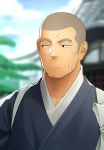  1boy bara black_eyes blurry blurry_background collarbone day frown grey_hair itto_(mentaiko) japanese_clothes kimono looking_to_the_side male_focus muscle original outdoors scar shaved_head solo sunlight upper_body 