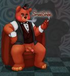  2017 animatronic anthro balls brown_body clothing five_nights_at_freddy&#039;s genitals hat headgear headwear hi_res humanoid_hands machine male mammal oseterollicete overweight overweight_anthro overweight_male penis robot shirt sitting smoking smoosho solo topwear ursid video_games 