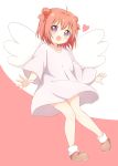  1girl :d akaza_akari angel_wings blush brown_footwear commentary_request double_bun dress eyebrows_visible_through_hair full_body heart highres looking_at_viewer medium_hair minatsuki_hitoka no_socks open_mouth pink_background purple_eyes red_hair shoes smile solo standing two-tone_background white_background white_dress wings yuru_yuri 