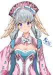  1girl absurdres aotsuba blue_eyes blush cape eyebrows_visible_through_hair hair_between_eyes hat head_wings highres looking_at_viewer melia signature silver_hair simple_background smile solo upper_body white_background xenoblade_(series) xenoblade_1 