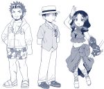  1girl 2boys alternate_costume bangs blue_theme chest chibi dress eyewear_on_head facial_hair fate/grand_order fate_(series) hat leonardo_da_vinci_(fate/grand_order) long_hair looking_at_viewer male_focus midriff monochrome multiple_boys napoleon_bonaparte_(fate/grand_order) open_clothes open_mouth parted_bangs pectorals ponytail scar sherlock_holmes_(fate/grand_order) shitappa sideburns smile 