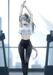  2020 absurd_res animal_humanoid arknights breasts choker clothing female grey_hair hair hi_res horn humanoid inside jewelry looking_at_viewer navel necklace ponytail saria_(arknights) scalie scalie_humanoid shirt solo spiked_tail spikes standing stretching tight_clothing topwear window yunkaiming 