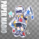  1boy backpack bag beco_(100me) black_footwear checkered checkered_background copyright_name full_body grey_jacket headphones highres huey_(paper_mario) jacket male_focus mario_(series) no_mouth one_eye_closed outline oversized_clothes paint_splatter paper_mario paper_mario:_color_splash personification scissors shoes shorts single_vertical_stripe sneakers solo tag white_hair white_outline 