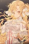  1girl armor armored_dress asuna_(sao) bare_shoulders blonde_hair blush breasts cleavage detached_collar eyebrows_visible_through_hair floating_hair hair_ornament highres hong light_smile long_hair looking_at_viewer sword_art_online upper_body very_long_hair yellow_eyes 