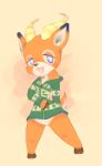  2020 animal_crossing antelope anthro beau_(animal_crossing) blue_eyes bottomless bovid clothed clothing digital_media_(artwork) featureless_crotch front_view fur green_clothing green_sweater green_topwear hand_behind_back hi_res hooves horn looking_at_viewer male mammal nintendo off_shoulder open_mouth orange_body orange_fur simple_background solo squiidwave sweater topwear video_games 