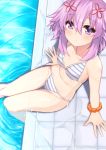  1girl blush breasts dura eyebrows_visible_through_hair hair_ornament highres looking_at_viewer navel neptune_(neptune_series) neptune_(series) poolside purple_eyes purple_hair scrunchie short_hair sitting small_breasts smile solo swimsuit wet wrist_scrunchie 