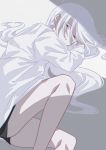  1girl curled_up eyes_visible_through_hair hair_between_eyes half-closed_eyes highres long_hair looking_at_viewer lying on_floor on_side original parted_lips red_eyes solo tsumaseu white_hair white_theme 