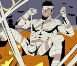  1boy bandages bara beard black_hair chest erection facial_hair flat_color green_eyes gyee halloween halloween_costume itto_(mentaiko) male_focus manly muscle no_tattoo pectorals penis priapus priapus_(gyee) pumpkin red_pupils testicles upper_body yaoi 