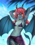  2020 anthro bikini black_sclera blush breasts clothing digital_media_(artwork) dragon female front_view green_body green_scales hair hands_behind_head hi_res horn inkh looking_at_viewer markings midriff navel ompf outside portrait red_hair scales sea shawl sky small_breasts solo swimwear three-quarter_portrait water wings yellow_eyes yellow_markings 