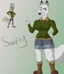  absurd_res anthro arctic_dogs arctic_fox boots bottomwear breasts canid canine clothing crossgender digital_media_(artwork) eyelashes female footwear fox fur green_eyes hi_res jacket klr-rio looking_at_viewer mammal shorts solo swifty_(arctic_dogs) topwear 
