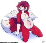  &lt;3 2020 5_fingers anthro balls belly blush canid canine erection eyebrow_through_hair eyebrows feathered_wings feathers fiercedeitylynx fingers fox fur genitals hair hi_res kneeling knot mammal multicolored_body nude one_eye_closed penis pink_tongue red_body red_ears red_tail signature simple_background solo tongue tongue_out translucent translucent_hair white_background wings wink 