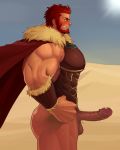  1boy absurdres armor ass bara beard blush cape chest erection facial_hair fate/grand_order fate/zero fate_(series) hand_on_hip highres iskandar_(fate) leather male_focus manly muscle pectorals penis red_eyes red_hair smile solo testicles uncensored upper_body xianyusamuel 